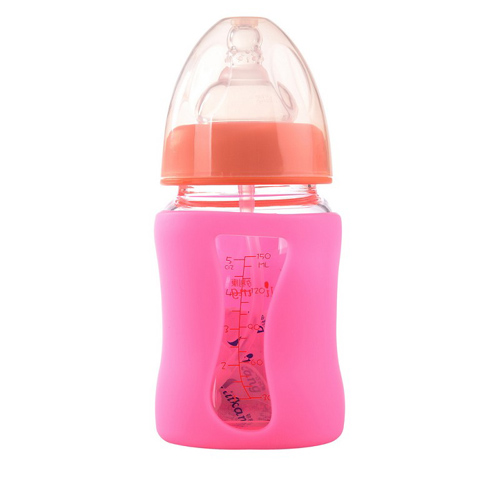 矽利康無(wú)手柄寬口玻璃奶瓶150ml