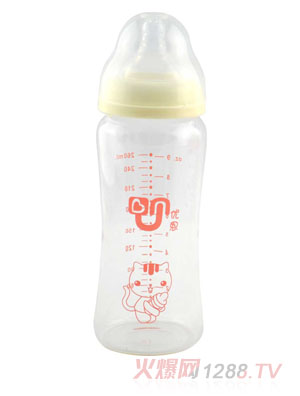 優(yōu)恩黃色寬口晶鉆直身玻璃奶瓶260ml