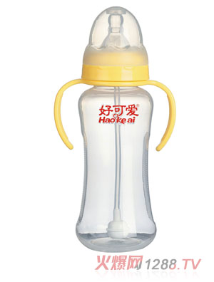 好可愛(ài)標(biāo)口自動(dòng)吸管手柄弧形奶瓶300ml